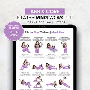 Op de afbeelding: Een digitale Pilates ring workout gids op een tablet. De gids, getiteld "Abs & Core Pilates Ring Workout", toont geïllustreerde oefeningen met een vrouw die elke beweging demonstreert. De tekst "Instant PDF: A4 | Letter" is ook zichtbaar.