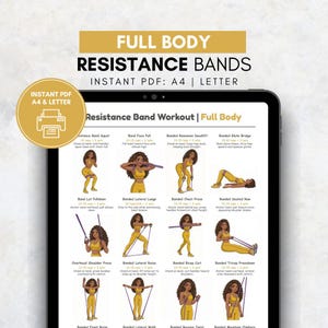 Affisch med helkroppsträning för motståndsband, övningar för motståndsband för kvinnor, träningsprogram för hemmabruk, diagram för dagliga träningspass för fitnessband i PDF-format