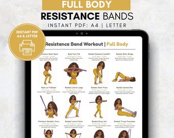 Póster de entrenamiento de cuerpo completo con banda de resistencia, ejercicios con banda de resistencia para mujeres, rutina de entrenamiento en casa, tabla de ejercicios diarios con banda de fitness en PDF