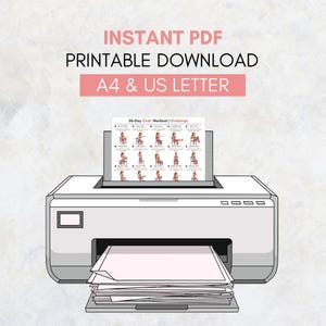 Puede incluir: Una impresora blanca imprime un documento con el texto "30-Day Chair Workout | Challenges" e ilustraciones de ejercicios. El texto "INSTANT PDF PRINTABLE DOWNLOAD A4 & US LETTER" est&aacute; en la parte superior. Una pila de papel est&aacute; en la bandeja de salida.