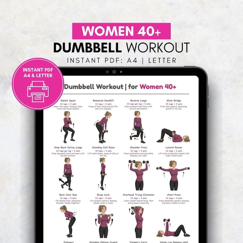 May include: A digital tablet displays a workout routine titled "WOMEN 40+ DUMBBELL WORKOUT." The PDF includes exercises like Goblet Squat, Romanian Deadlift, and Reverse Lunge. The tablet also shows an "INSTANT PDF A4 & LETTER" icon.