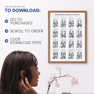 May include: A framed poster with a workout routine for a Smith machine. The poster includes illustrations of exercises and the text "Smith Machine Workout | Full Body." Instructions for downloading the PDF are also included.