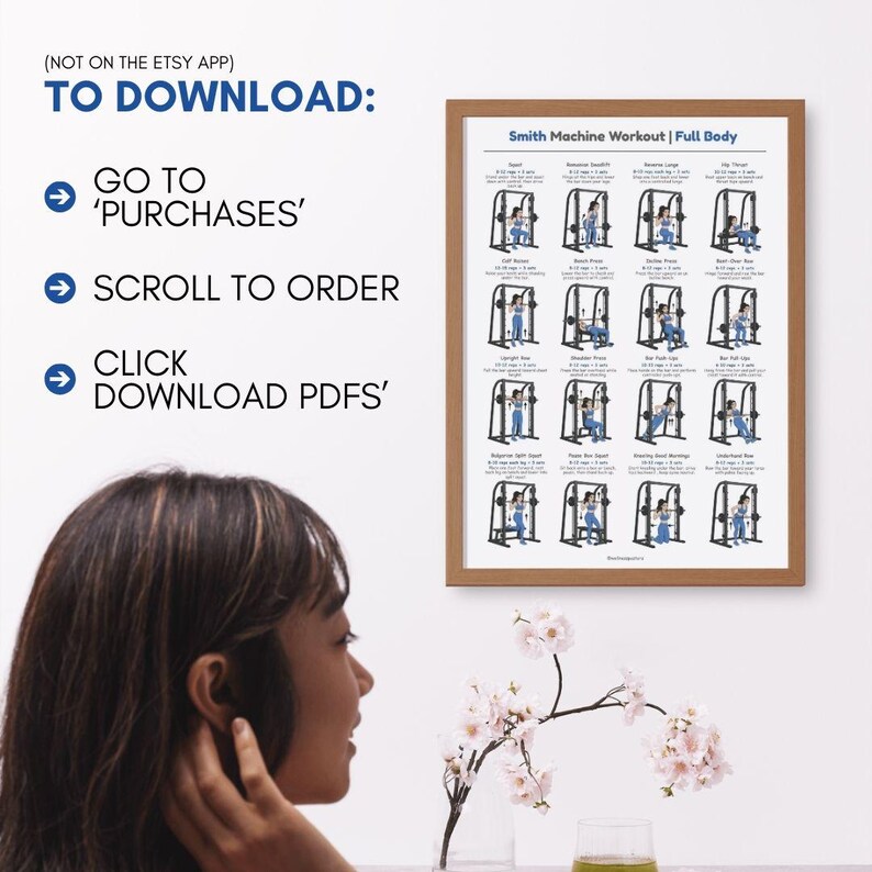 May include: A framed poster with a workout routine for a Smith machine. The poster includes illustrations of exercises and the text "Smith Machine Workout | Full Body." Instructions for downloading the PDF are also included.