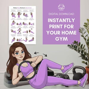 Op de afbeelding: Een digitale downloadposter met Pilates ring workout instructies. De poster staat naast een vrouw in paarse sportkleding die een oefening met een Pilates ring demonstreert. De tekst "Pilates Ring Workout | Abs & Core" is zichtbaar.