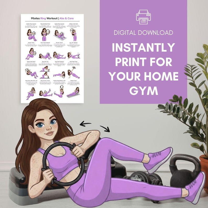 Op de afbeelding: Een digitale downloadposter met Pilates ring workout instructies. De poster staat naast een vrouw in paarse sportkleding die een oefening met een Pilates ring demonstreert. De tekst "Pilates Ring Workout | Abs & Core" is zichtbaar.