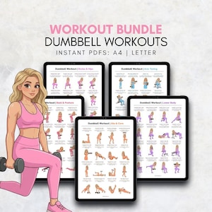 May include: A pink workout bundle graphic with the text "WORKOUT BUNDLE DUMBBELL WORKOUTS" and "INSTANT PDFS: A4 | LETTER". The image includes illustrations of dumbbell exercises for various body parts, and a cartoon woman.