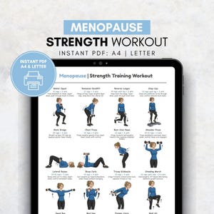 Menopauzetraining, krachttraining voor de menopauze, trainingsroutine dames, thuistraining met halters, afdrukbare pdf-oefeningposter