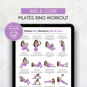 Op de afbeelding: Een digitale Pilates ring workout gids weergegeven op een tablet. De gids bevat illustraties van oefeningen voor buikspieren en core, waaronder ring squeezes, presses en side bends. De tekst "ABS & CORE PILATES RING WORKOUT" staat bovenaan.