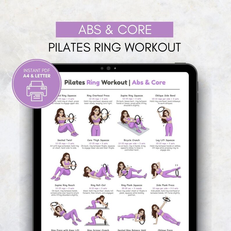 Op de afbeelding: Een digitale Pilates ring workout gids weergegeven op een tablet. De gids bevat illustraties van oefeningen voor buikspieren en core, waaronder ring squeezes, presses en side bends. De tekst "ABS & CORE PILATES RING WORKOUT" staat bovenaan.