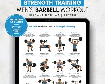 Barbell Workout for Men Printable Poster | Full Body Barbell Exercise Chart, Home Gym Wall Art Decor, Weightlifting Poster for Men Printable