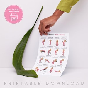 May include: A printable dumbbell workout chart for back and posture exercises. The chart features illustrations of exercises with a pink and white color scheme. The text "Instant PDFs A4 & Letter" is in a pink circle.