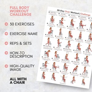 Puede incluir: Un gr&aacute;fico de entrenamiento impreso titulado "Full Body Workout Challenge" con 30 ejercicios. El gr&aacute;fico incluye nombres de ejercicios, repeticiones y series, y descripciones. Tambi&eacute;n se incluye el texto "All With A Chair".