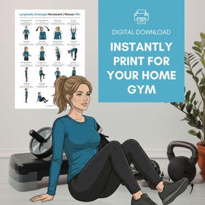 May include: An illustration of a woman in athletic wear demonstrating lymphatic drainage exercises. A poster with exercise instructions is visible. Text reads "DIGITAL DOWNLOAD INSTANTLY PRINT FOR YOUR HOME GYM". A step, ab roller, and kettlebell are also in the image.