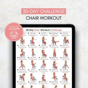 Puede incluir: Una tableta digital muestra una gu&iacute;a de ejercicios de 30 d&iacute;as en silla. El gr&aacute;fico rosa y blanco incluye ilustraciones e instrucciones de ejercicios. El texto "30-DAY CHALLENGE CHAIR WORKOUT" est&aacute; en la parte superior.