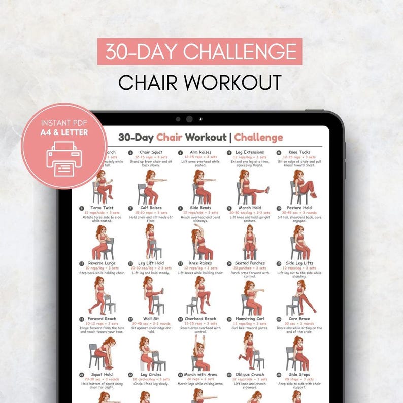 Puede incluir: Una tableta digital muestra una gu&iacute;a de ejercicios de 30 d&iacute;as en silla. El gr&aacute;fico rosa y blanco incluye ilustraciones e instrucciones de ejercicios. El texto "30-DAY CHALLENGE CHAIR WORKOUT" est&aacute; en la parte superior.
