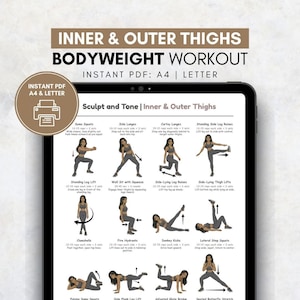 Puede incluir: Una guía digital de ejercicios para la parte interna y externa de los muslos, que se muestra en una tableta. La guía presenta ejercicios ilustrados con instrucciones, incluyendo sentadillas sumo, zancadas laterales y zancadas de cortesía. El texto en la parte superior dice "Inner & Outer Thighs Bodyweight Workout."