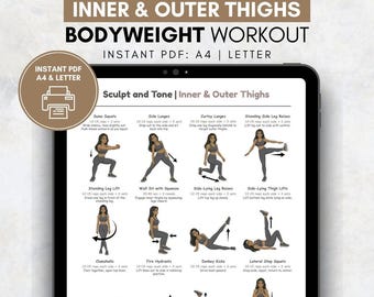 Poster di allenamento per la parte interna ed esterna delle cosce, esercizi per le gambe stampabili, tabella di allenamento per le cosce per le donne, esercizi per la parte interna delle cosce, allenamento per i glutei stampabile