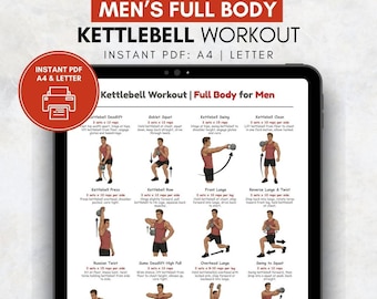 Allenamento completo con kettlebell per uomini in formato PDF, tabella degli esercizi per palestra in casa per uomini, esercizi con kettlebell per la parte superiore e inferiore del corpo, poster stampabile per palestra per uomini