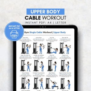 May include: A digital workout guide for upper body cable exercises. The guide is displayed on a tablet and includes illustrations of various exercises such as front raise, lateral raise, and bicep curl. Text on the image reads "Upper Body Cable Workout" and "Instant PDF".