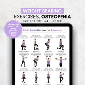 Könnte beinhalten: Ein digitaler PDF-Ausdruck, der auf einem Tablet-Bildschirm angezeigt wird und gewichtstragende Übungen für Osteopenie zeigt. Die Übungen umfassen Goblet Squat, Dumbbell Step-Ups und Reverse Lunges. Der Text oben lautet "WEIGHT BEARING EXERCISES, OSTEOPENIA".