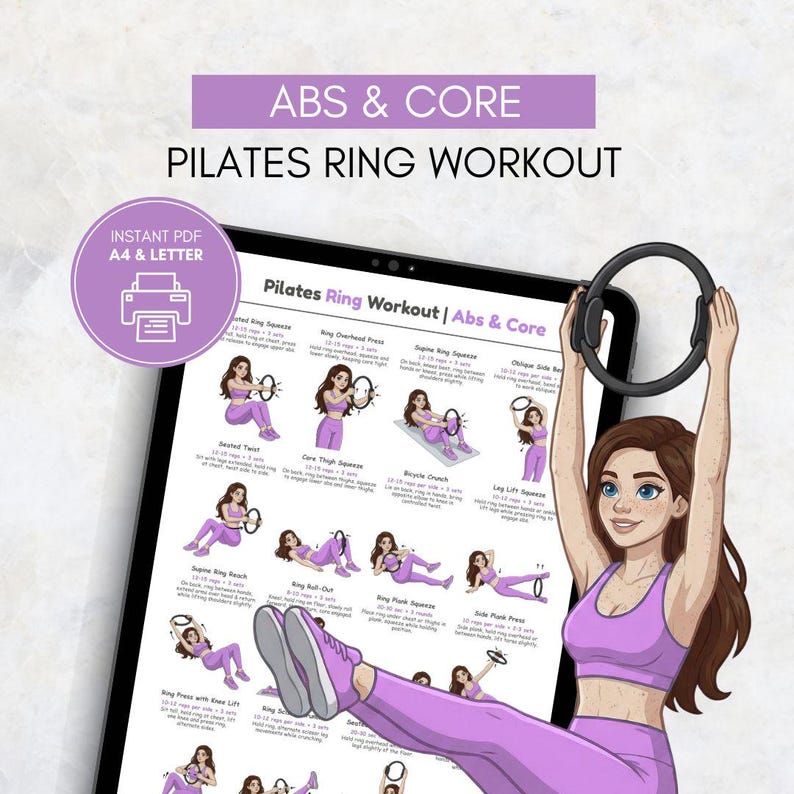 Op de afbeelding: Een digitale Pilates ring workout gids voor buik- en core oefeningen. De afbeelding toont een tablet met de workout routine, met illustraties en tekst. De tekst bevat "ABS & CORE" en "PILATES RING WORKOUT".