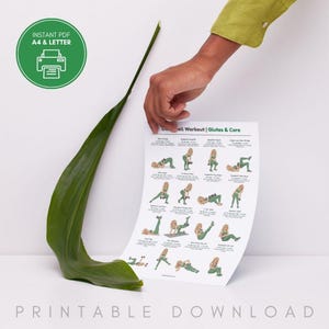 May include: A printable dumbbell workout chart for glutes and core exercises. The chart features illustrations of various exercises with instructions. The words "Instant PDF A4 & Letter" and "Printable Download" are also visible.