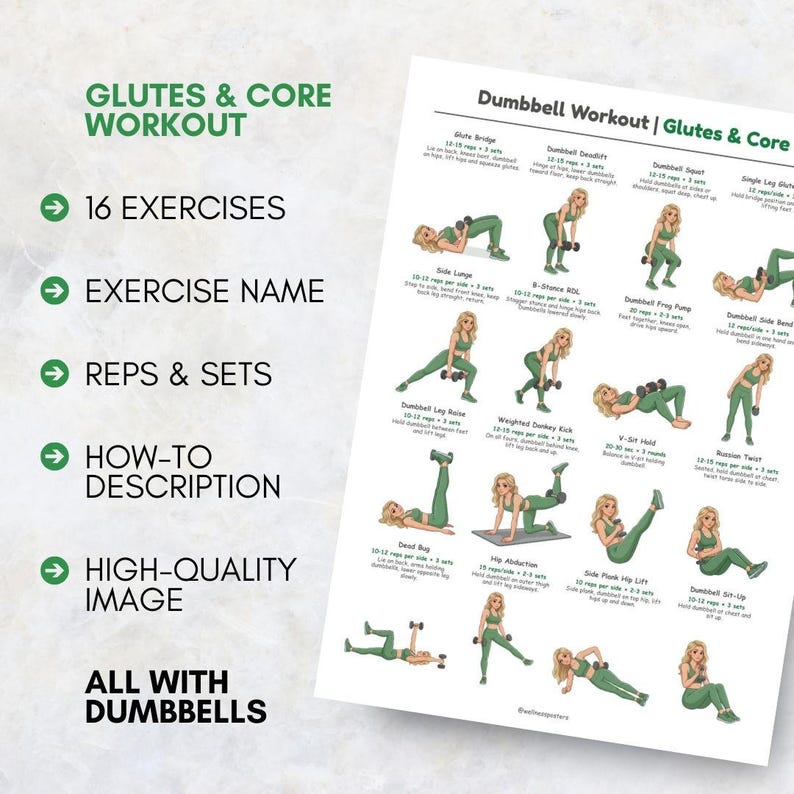 May include: A workout chart titled "Glutes & Core Workout" with 16 exercises. The chart includes exercise names, reps & sets, and how-to descriptions. The exercises are illustrated with images of a woman performing each exercise with dumbbells.