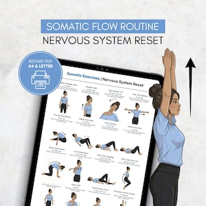 Pu&ograve; includere: Una donna &egrave; in piedi accanto a un tablet che mostra una "Routine di flusso somatico" per un "Reset del sistema nervoso". Il tablet mostra illustrazioni di esercizi. L'immagine include il testo "PDF istantaneo A4 & Letter".