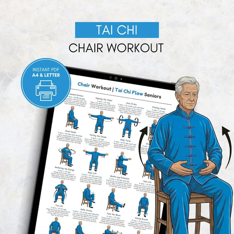 May include: A digital illustration of a senior man in blue Tai Chi attire, seated on a wooden chair. The image includes a tablet displaying a "Chair Workout" guide with exercise diagrams and the text "Tai Chi Chair Workout". A blue circle with "Instant PDF" is in the corner.