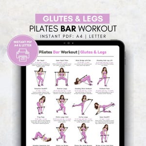 Plakat z ćwiczeniami na nogi i pośladki przy drążku Pilates, tabela ćwiczeń na dolne partie ciała, wydrukowany trening pośladków przy drążku Pilates, dekoracja ścienna dla kobiet na dzień ćwiczeń nóg w siłowni domowej