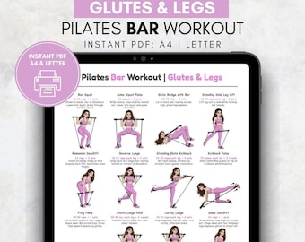 Póster de entrenamiento de piernas y glúteos con barra de Pilates, tabla de ejercicios para la parte inferior del cuerpo, imprimible de entrenamiento de glúteos con barra de Pilates, arte mural para mujeres para el día de piernas en el gimnasio en casa