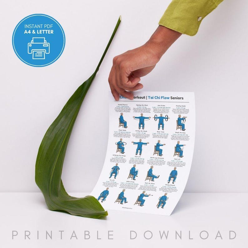 May include: A printable PDF workout guide for Tai Chi Flow Seniors. The guide features illustrated exercises with text descriptions. The image includes a blue circle with a printer icon and the text "Instant PDF A4 & Letter". The words "Printable Download" are at the bottom.