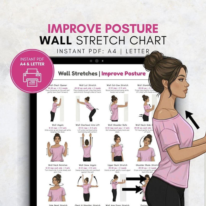 Posture Support Instructions.pdf Posture Exercises Chart | Wall Stretch Routine | Standing Flexibility ...