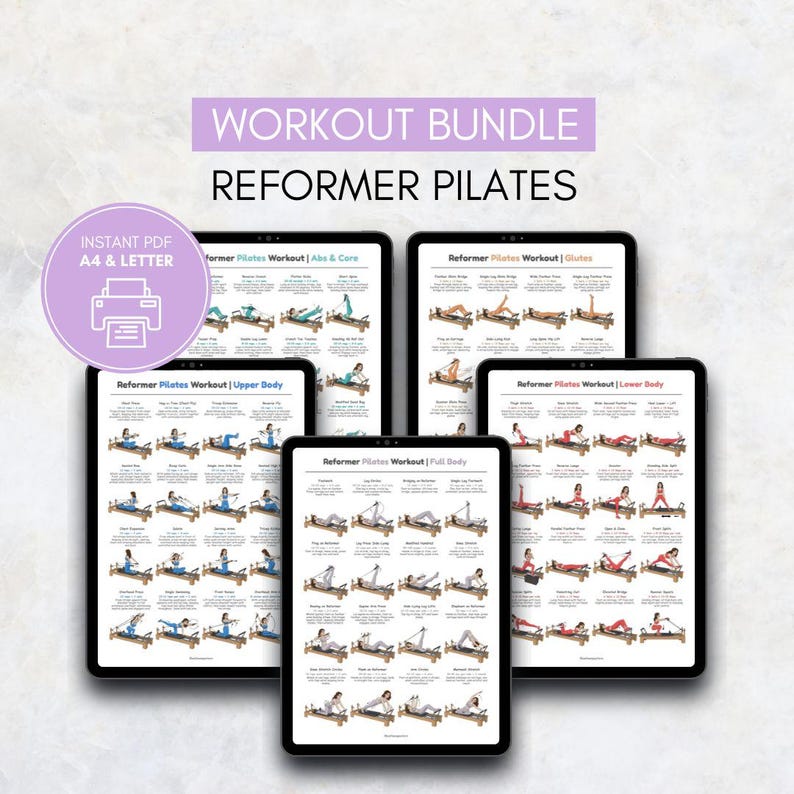 Puede incluir: Un paquete de entrenamiento con rutinas de Pilates Reformer que se muestran en cinco tabletas. Las tabletas muestran varios ejercicios para abdominales y core, gl&uacute;teos, parte superior del cuerpo, cuerpo completo y parte inferior del cuerpo. El texto "WORKOUT BUNDLE" y "REFORMER PILATES" es visible.