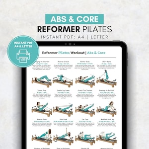 Può includere: Una guida digitale per l'allenamento di Pilates Reformer, incentrata su esercizi per addominali e core. La guida include istruzioni illustrate per vari esercizi, come Teaser Prep, Reverse Crunch e Flutter Kicks. Il testo recita "ABS & CORE REFORMER PILATES".