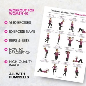 May include: A white workout guide titled "Dumbbell Workout | for Women 40+" with 16 exercises. The guide includes exercise names, reps & sets, and how-to descriptions. The text "Workout for Women 40+" is at the top.