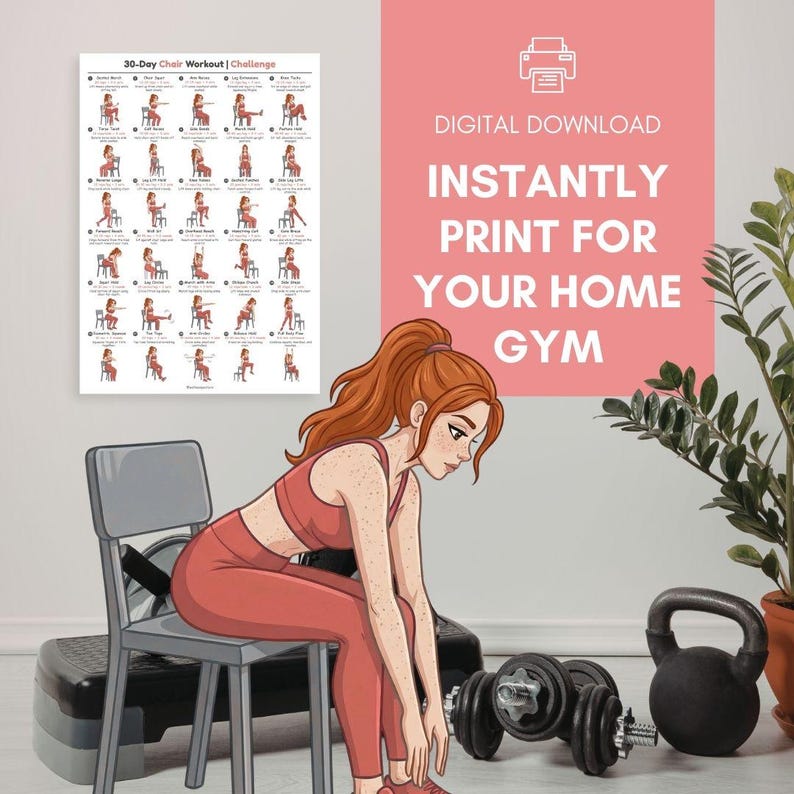 Puede incluir: Una impresi&oacute;n digital con tem&aacute;tica de fitness con un desaf&iacute;o de entrenamiento en silla de 30 d&iacute;as. La imagen presenta a una mujer con ropa de entrenamiento, una silla, pesas y una pesa rusa. El texto en la impresi&oacute;n dice "DESCARGA DIGITAL IMPRIME AL INSTANTE PARA TU GIMNASIO EN CASA."
