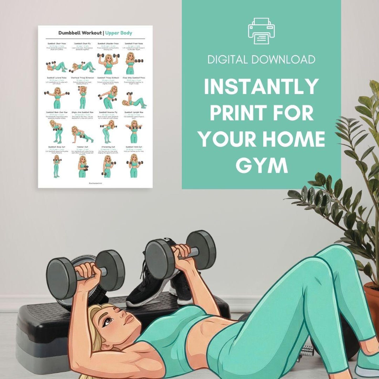 Upper Body Dumbbell Workout Poster, Arms Chest Shoulders Back Exercise ...