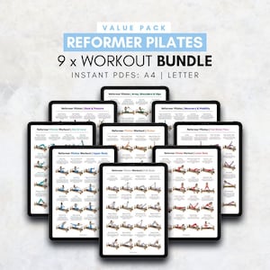May include: A collection of tablets displaying Reformer Pilates workout guides. The tablets show various exercises for different body areas, including arms, shoulders, hips, and abs. The text on the tablets reads "Reformer Pilates" and "9 x Workout Bundle". The background is a light, neutral color.