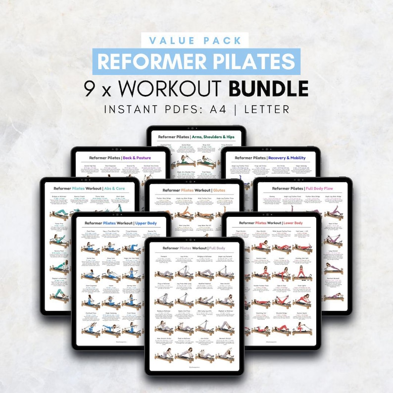 Puede incluir: Un conjunto de tabletas que muestran gu&iacute;as de entrenamiento de Pilates Reformer. Las pantallas presentan ejercicios para diferentes &aacute;reas del cuerpo, como brazos, hombros, caderas y abdominales. El texto en las tabletas dice "Reformer Pilates" y "9 x Workout Bundle".