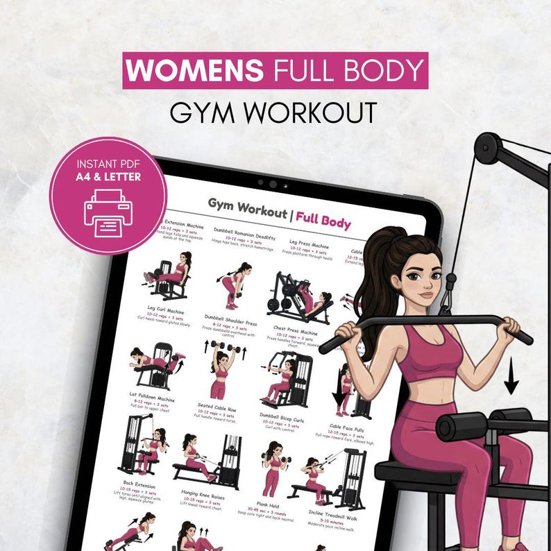 May include: A digital illustration of a "Womens Full Body Gym Workout" guide. The guide is displayed on a tablet, with a woman demonstrating exercises. The text "INSTANT PDF A4 & LETTER" is in a pink circle.