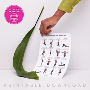 May include: A printable workout chart for women over 40, featuring illustrated exercises with dumbbells. The chart includes the text "Dumbbell Workout | for Women 40+" and "Printable Download". A large green leaf and a pink circle with the text "Instant PDF A4 & Letter" are also visible.
