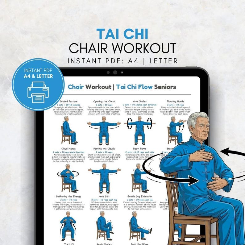 May include: A digital illustration of a Tai Chi chair workout guide. The guide includes illustrated exercises with instructions. The image features a man in a blue outfit demonstrating the exercises. Text on the image reads "Tai Chi Chair Workout" and "Instant PDF: A4 | Letter."