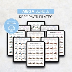 Puede incluir: Una colecci&oacute;n de tabletas digitales que muestran gu&iacute;as de entrenamiento de Pilates Reformer. Las tabletas muestran varios ejercicios para diferentes &aacute;reas del cuerpo, incluyendo brazos, hombros, caderas y cuerpo completo. La imagen incluye el texto "MEGA BUNDLE" y "REFORMER PILATES".