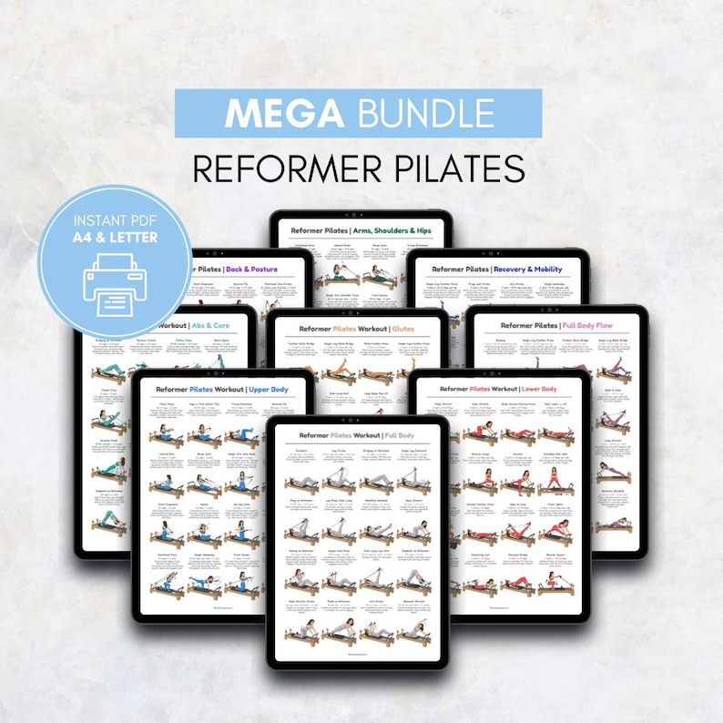Puede incluir: Una colecci&oacute;n de tabletas digitales que muestran gu&iacute;as de entrenamiento de Pilates Reformer. Las tabletas muestran varios ejercicios para diferentes &aacute;reas del cuerpo, incluyendo brazos, hombros, caderas y cuerpo completo. La imagen incluye el texto "MEGA BUNDLE" y "REFORMER PILATES".