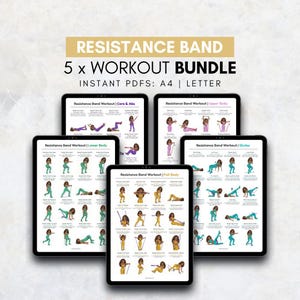 May include: A digital workout bundle with five resistance band exercise routines. The routines target core, upper body, lower body, full body, and glutes. The image text reads "RESISTANCE BAND 5 x WORKOUT BUNDLE INSTANT PDFS: A4 | LETTER."