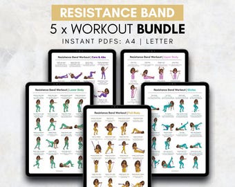 Paquete de ejercicios con bandas de resistencia en PDF imprimible / Tabla de ejercicios con bandas de resistencia / Guía de rutina de ejercicios en casa / Entrenamiento en casa para mujeres con bandas