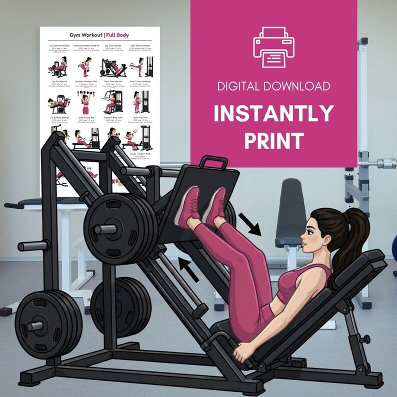 May include: A digital download fitness poster with a full-body gym workout guide. The image shows a woman using a leg press machine. The text on the poster reads "Gym Workout | Full Body". The text "DIGITAL DOWNLOAD INSTANTLY PRINT" is also visible.