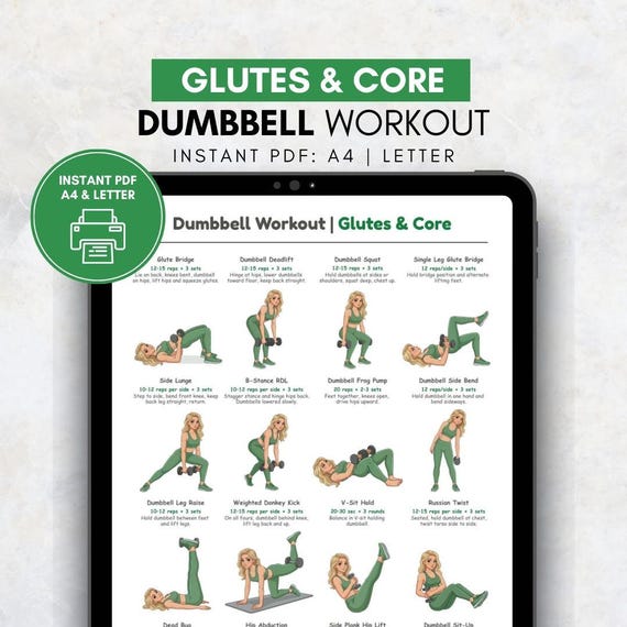 Dumbbell Glutes & Core Workout Poster | Glute Exercise Chart | Core Exercises | Dumbbell Home Gym Decor PDF | Glutes and Abs Exercise Sheet