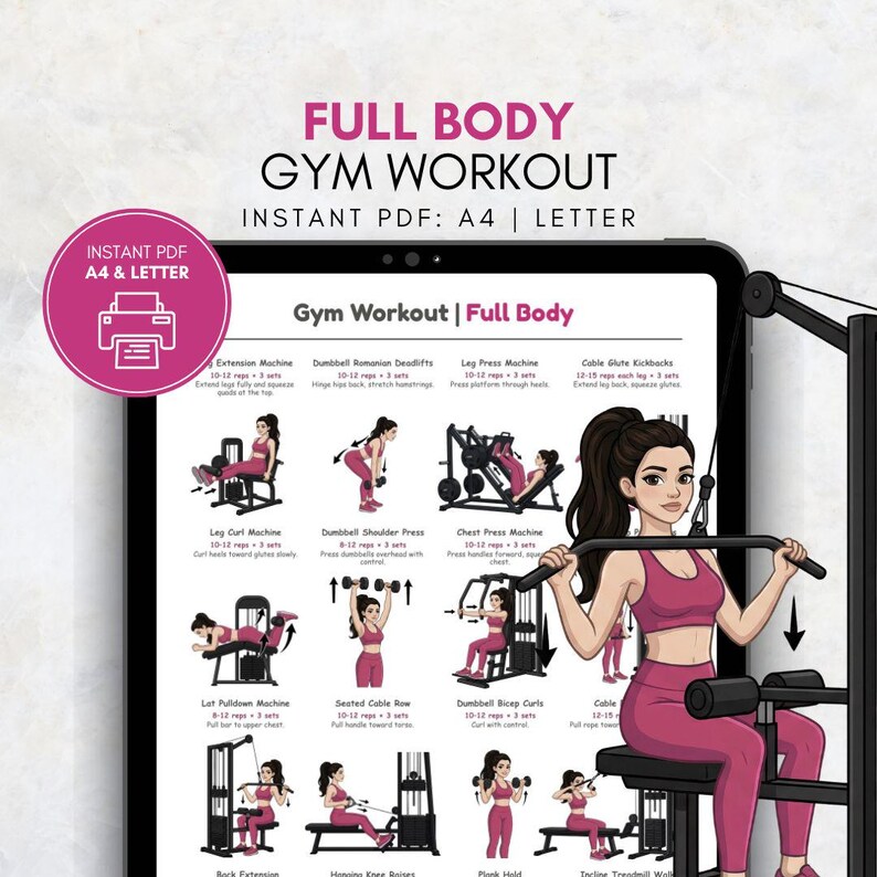 May include: A digital full-body gym workout plan displayed on a tablet. The plan includes illustrations of various exercises, such as leg press, dumbbell curls, and cable glute kickbacks. The text "FULL BODY GYM WORKOUT" is at the top.